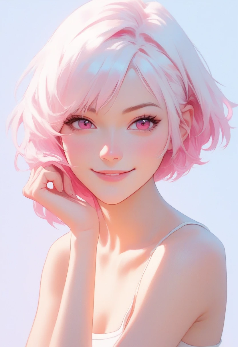 score_9, score_8_up, score_7_up,source_anime, high res image,masterpiece,best quality,girl,cute face,clear skin,simple_background,white hair,short hair,pink eyes,inner_pink_hair,feet_close_up,smirk,