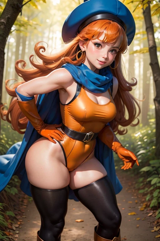 masterpiece, best quality,ultra detail, 1girl, dq4-alena,forest,fighting pose,dynamic angle,black pantyhose,blue cape,blue headwear,boots,curly hair,earrings,long hair,orange gloves,orange hair,red eyes,sleeveless,   nahidadef, upper body, smile, blush, playboy bunny, cameltoe, standing, smile, blush