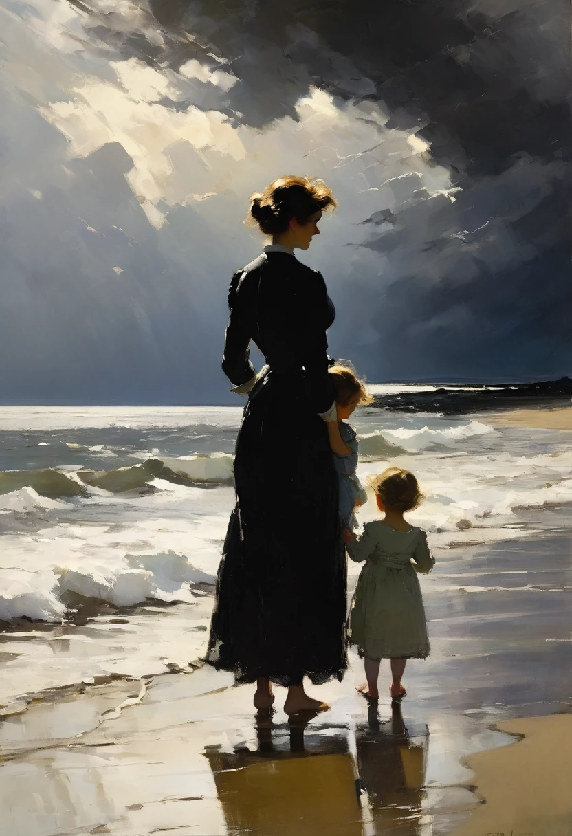 In the style of American impressionist paintings, Frank Weston Benson style, a mother and child standing on the beach looking at the sea, dark wet sand, rough sea, black clouds, the sky is threatening a storm,