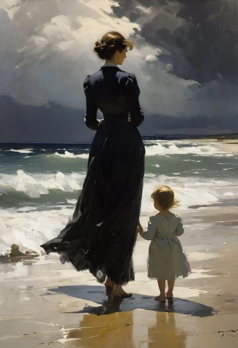 In the style of American impressionist paintings, Frank Weston Benson style, a mother and child standing on the beach looking at the sea, dark wet sand, rough sea, black clouds, the sky is threatening a storm,