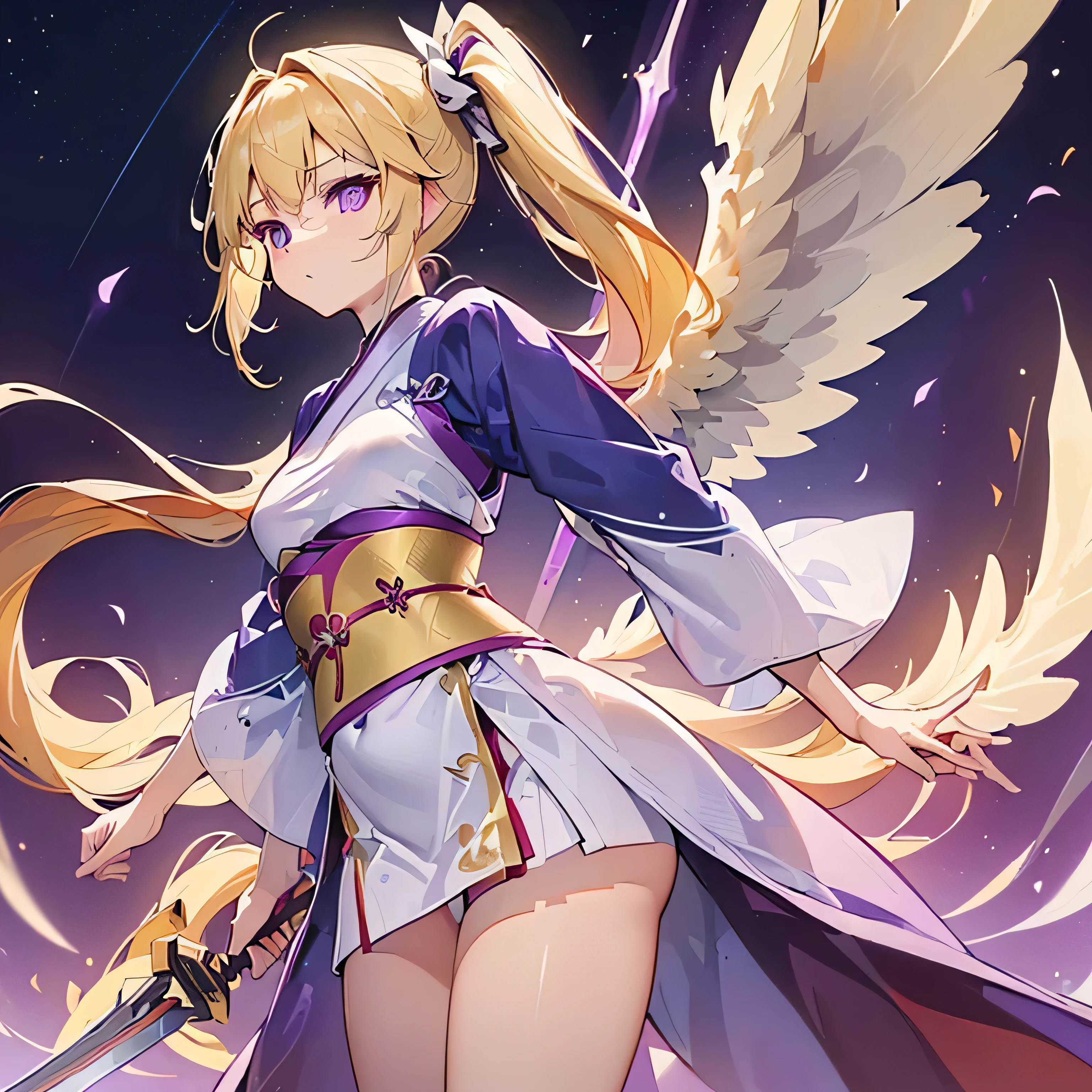 (((Top Quality)) (((Alone))) (Anatomically Correct) (Long Side Ponytail 1.4), Look At Me, Angel, ((Small Breasts))(Young)((Big Wings)) Kimono Japanese god 1.8, long blonde hair 2.0 ((has the legendary big western sword of light)) ((purple eyes)) universe 1.8, galaxy in the background,