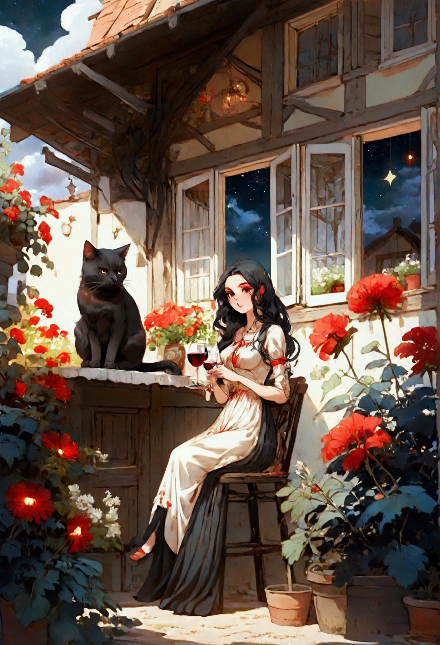 beautiful woman, (((full body))), ((background outdoor house)), (best quality), 1girl, solo A room with glass windows, curtains, a young woman with long black hair, red hair , White eyes with red pupils stare at sky, sitting on a chair, She is sitting and drink wild in front of the house., There are flowers, flower pots, a table, a wine glass, a wine bottle, a lamp, a black cat, Outside the window, there is a dark sky and stars.