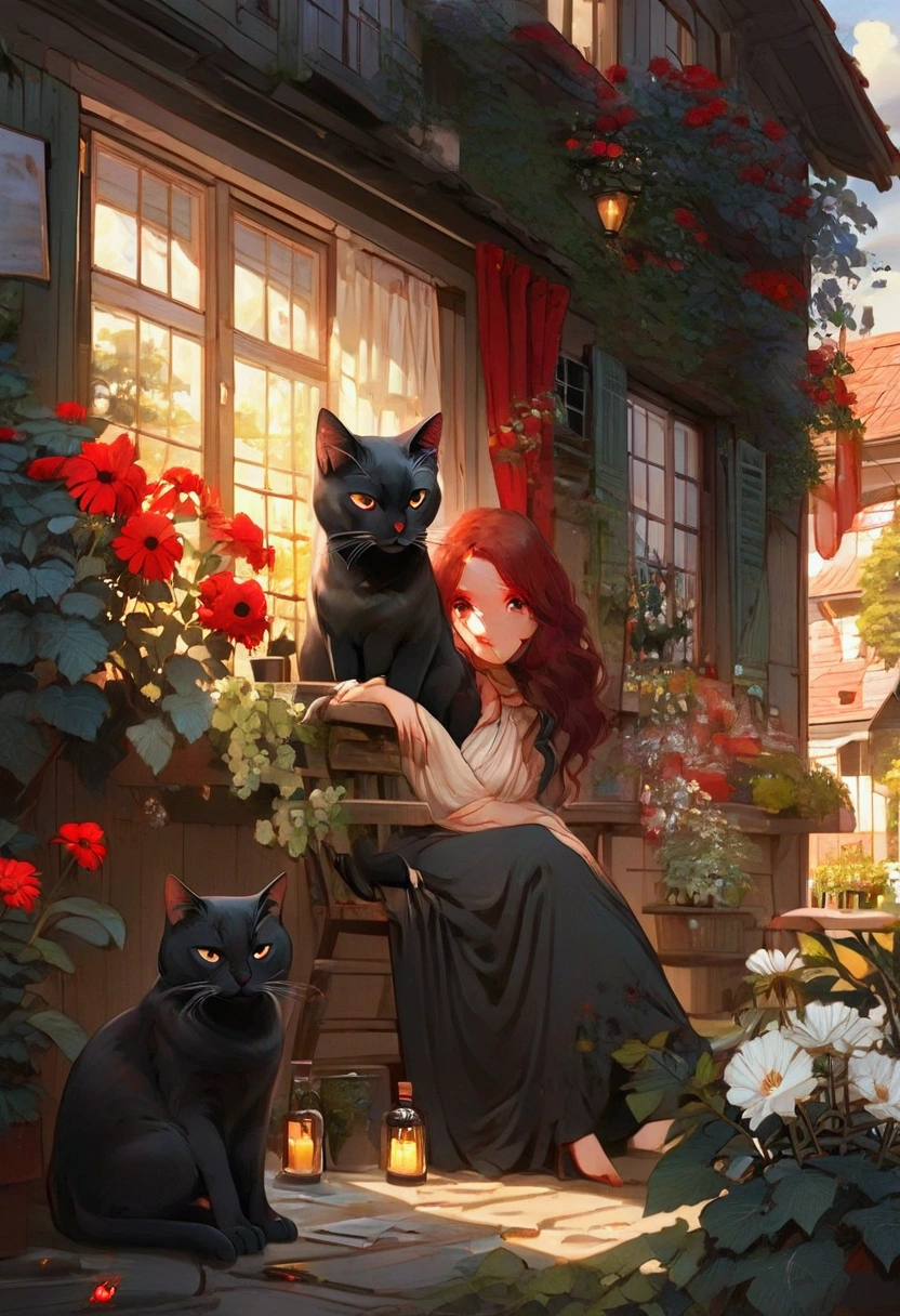 beautiful woman, (((full body))), ((background outdoor house)), (best quality), 1girl, solo A room with glass windows, curtains, a young woman with long black hair, red hair , White eyes with red pupils stare at sky, sitting on a chair, She is sitting and drink wild in front of the house., There are flowers, flower pots, a table, a wine glass, a wine bottle, a lamp, a black cat, Outside the window, there is a dark sky and stars.