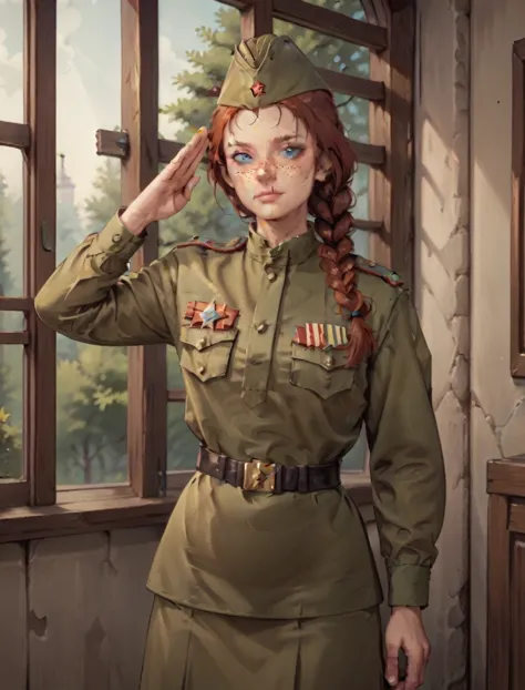 score_9, score_8_up, score_7_up, source_anime break 1girl, solo,soviet military uniform, soviet garrison cap, belt, red hair, br...