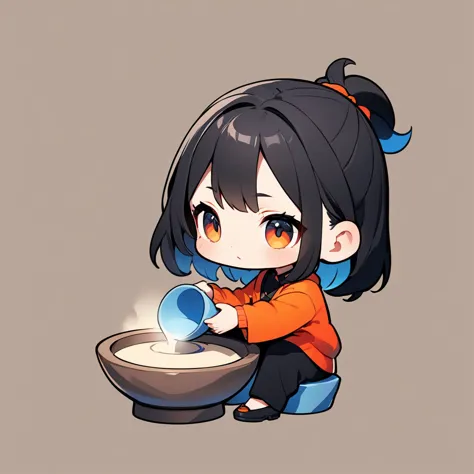 ultra-small deformation, Chibi Cute, 1girl, solo, full body, sitting on a large potter's wheel, making pottery, High contrast and vivid color, simple background