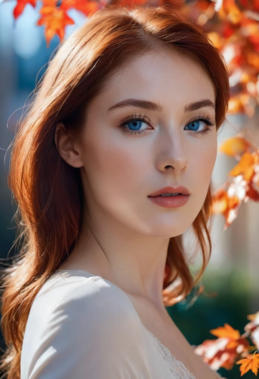 "(Ultra resolution 8K), The best possible image, beautiful woman, redhead, beautiful face, beautiful face, blue eyes , fine rostrum, very delicate face, White skin, Caucasian European, bodycon suit, sexy red suit" dreamy background, autumn light