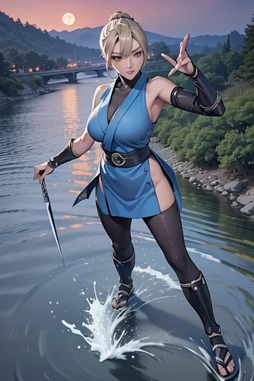 Highest quality,Ultra HD,Best AI Images, Full body photo,(Beautiful face like a Japanese actress), ((Blonde 1.2))，Japan no Kunoichi,  Covert behavior, Female Ninja, ((Dagger fight scene)),Dagger fight scene1.3,portrait of japanese woman, , Trending on deviantart, ((Grey short ninja costume 1.5))，((Sexy Kunoichi,Big Breasts)), Japanese spy, Cel animation style, (Beautiful Face 1.5), Key Visual, Vibrant, (((Night river background 1.5))), Very detailed, growing up,