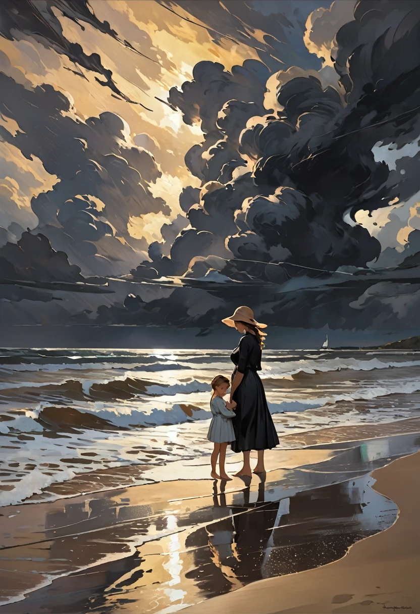 In the style of American impressionist paintings, Frank Weston Benson style, a mother and child standing on the beach looking at the sea, dark wet sand, rough sea, black clouds, the sky is threatening a storm,