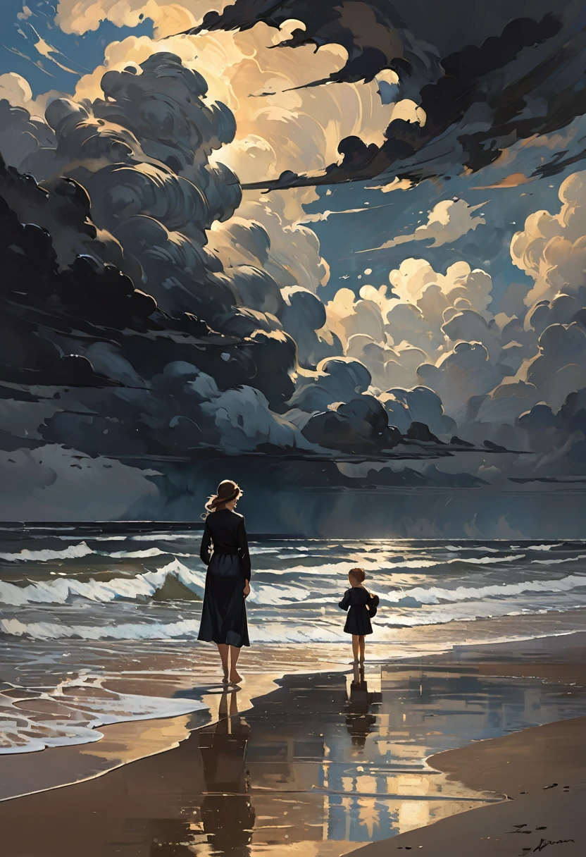 In the style of American impressionist paintings, Frank Weston Benson style, a mother and child standing on the beach looking at the sea, dark wet sand, rough sea, black clouds, the sky is threatening a storm,