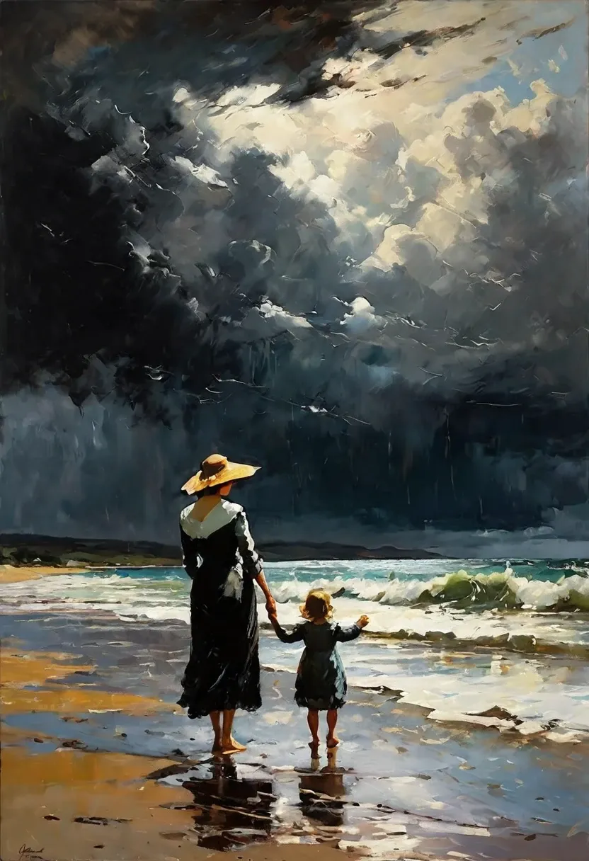 In the style of American impressionist paintings, Frank Weston Benson style, a mother and child standing on the beach looking at the sea, dark wet sand, rough sea, black clouds, the sky is threatening a storm,