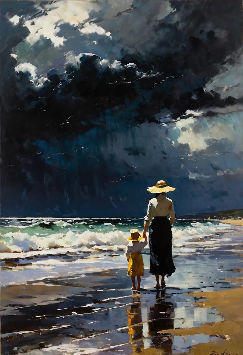 In the style of American impressionist paintings, Frank Weston Benson style, a mother and child standing on the beach looking at the sea, dark wet sand, rough sea, black clouds, the sky is threatening a storm,