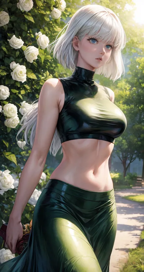 realistic, 1girl, white hair, green eyes, big round breasts, clear white skin, shining eyes, black crop top, dark green skirt, p...