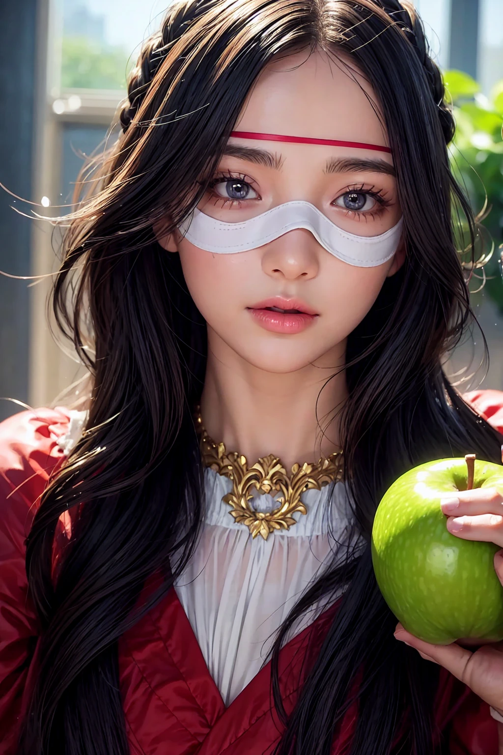 a beautiful blind girl, a girl with blindfold covering her eyes, a girl holding an apple, detailed face, beautiful detailed eyes, beautiful detailed lips, extremely detailed face and eyes, long eyelashes, cinematic lighting, dramatic lighting, photorealistic, 8k, high quality, masterpiece, hyperrealistic, fantasy, magical realism, vibrant colors, dramatic lighting, warm colors, soft focus