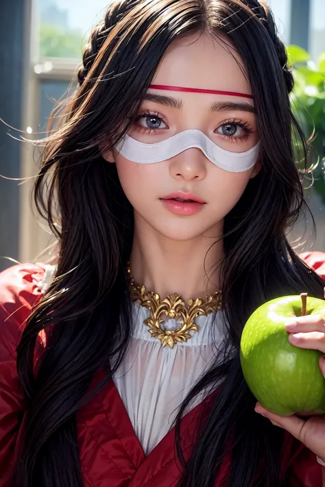 a beautiful blind girl, a girl with blindfold covering her eyes, a girl holding an apple, detailed face, beautiful detailed eyes...