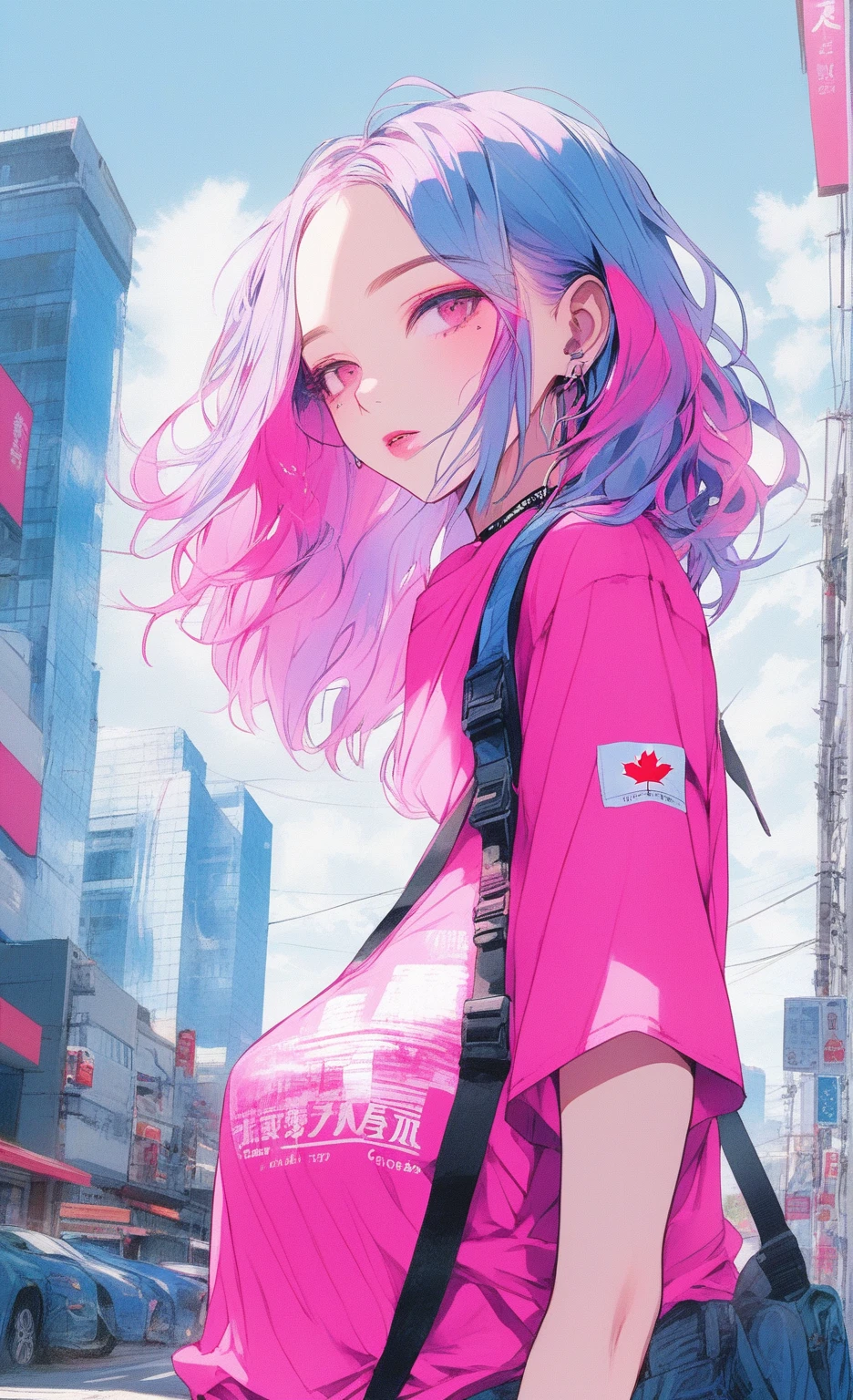 Illustrator, anime , Realistic ,sketch ,1 Girl, ,lip, T-shirt,order,Textured Trim, (masterpiece,Highest quality) , Neon Hair,Textured Trim, Canadian, (masterpiece,Highest quality) Cancer，Summer landscape、City、Hot sunshine