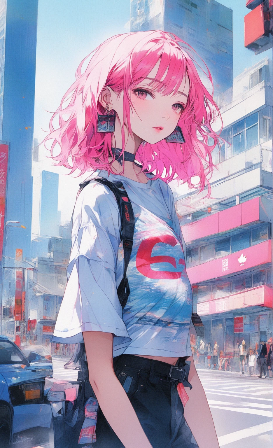 Illustrator, anime , Realistic ,sketch ,1 Girl, ,lip, T-shirt,order,Textured Trim, (masterpiece,Highest quality) , Neon Hair,Textured Trim, Canadian, (masterpiece,Highest quality) Cancer，Summer landscape、City、Hot sunshine