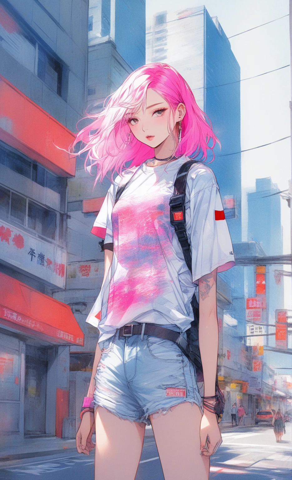 Illustrator, anime , Realistic ,sketch ,1 Girl, ,lip, T-shirt,order,Textured Trim, (masterpiece,Highest quality) , Neon Hair,Textured Trim, Canadian, (masterpiece,Highest quality) Cancer，Summer landscape、City、Hot sunshine