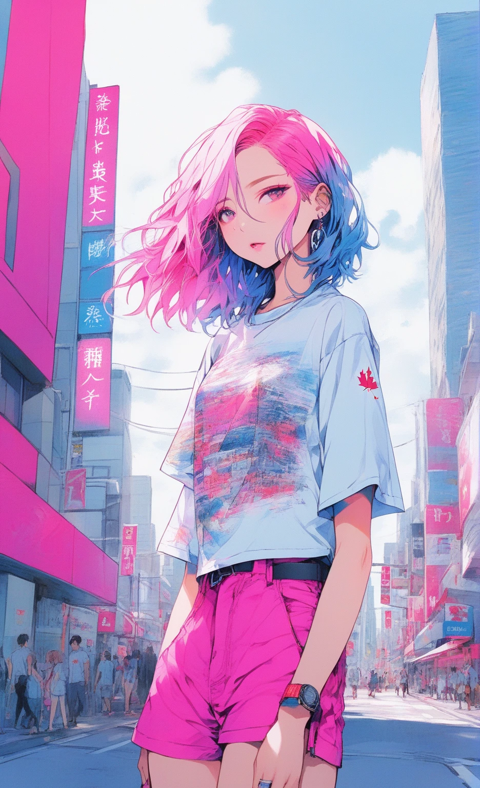 Illustrator, anime , Realistic ,sketch ,1 Girl, ,lip, T-shirt,order,Textured Trim, (masterpiece,Highest quality) , Neon Hair,Textured Trim, Canadian, (masterpiece,Highest quality) Cancer，Summer landscape、City、Hot sunshine