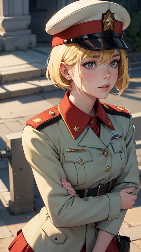 1girl, solo, short hair, blond hair,sovirt military uniform, soviet garrison cap