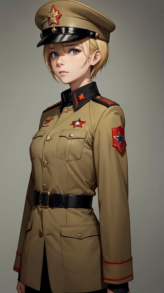 1girl, solo, short hair, blond hair,sovirt military uniform, soviet garrison cap