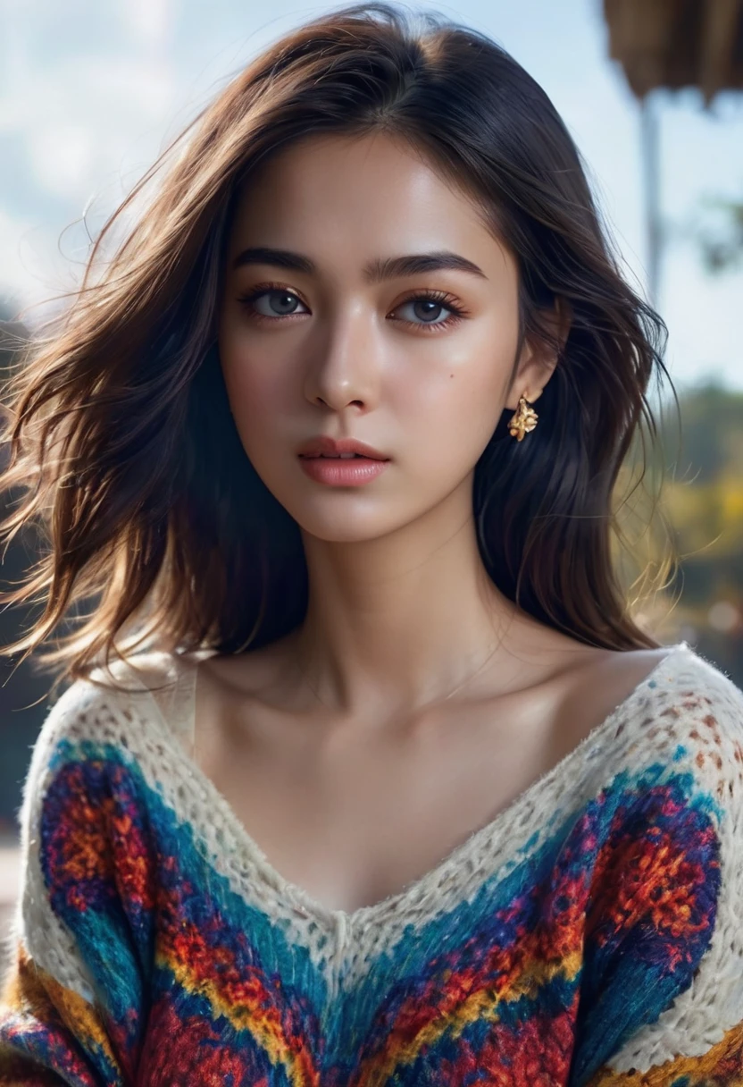 (best quality,4k,8k,highres,masterpiece:1.2),ultra-detailed,(realistic,photorealistic,photo-realistic:1.37),vibrant colors,dramatic lighting,award winning digital art a full body portrait of a beautiful girl, detailed intricate, serene expression, wearing sweater, detailed clothing folds, detailed jewelry, detailed background