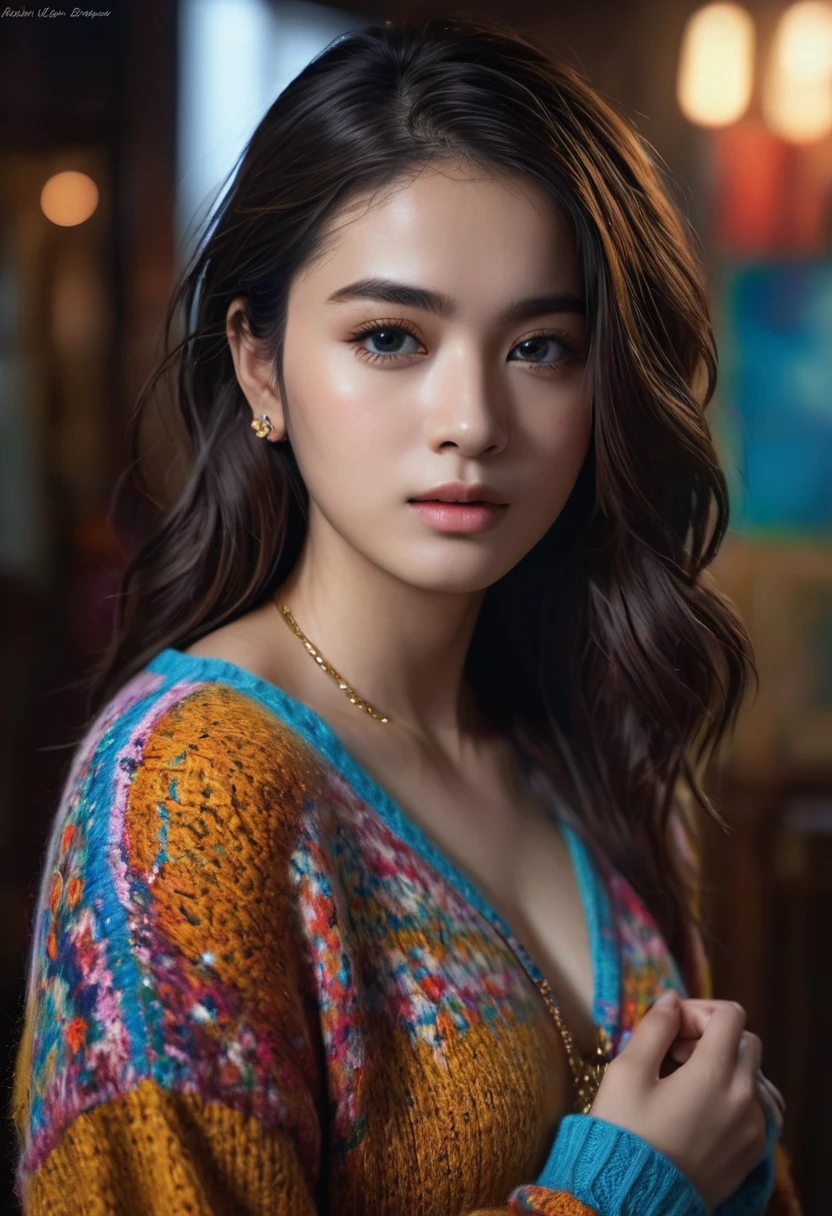 (best quality,4k,8k,highres,masterpiece:1.2),ultra-detailed,(realistic,photorealistic,photo-realistic:1.37),vibrant colors,dramatic lighting,award winning digital art a full body portrait of a beautiful girl, detailed intricate, serene expression, wearing sweater, detailed clothing folds, detailed jewelry, detailed background