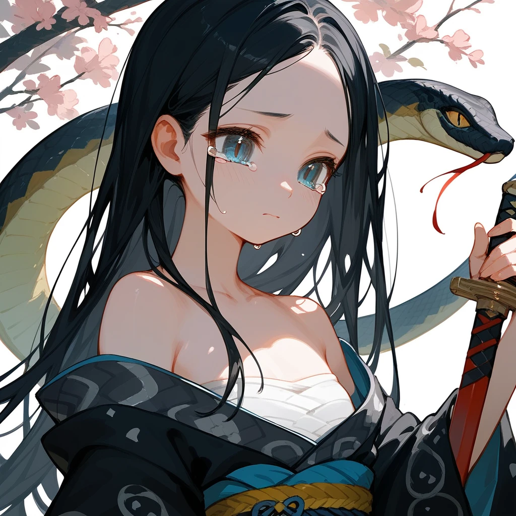 1 girl, Black Hair, iris, Off-the-shoulder kimono, beautiful_face, Black snake motif, Kimono with snake scale pattern, Solo Illustration, Long Hair, Black kimono, Holding a sword, Upper Body, (Tears) Flat Chest
