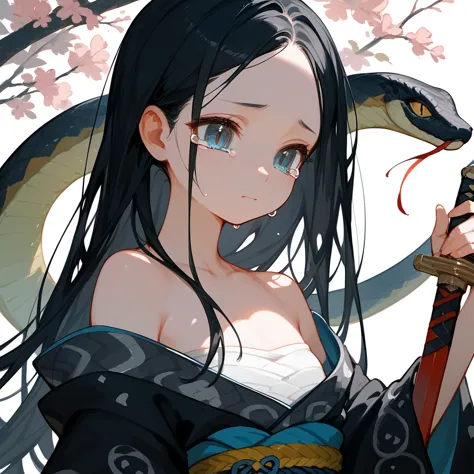 1 girl, black hair, iris, off-the-shoulder kimono, beautiful_face, black snake motif, kimono with snake scale pattern, solo illu...