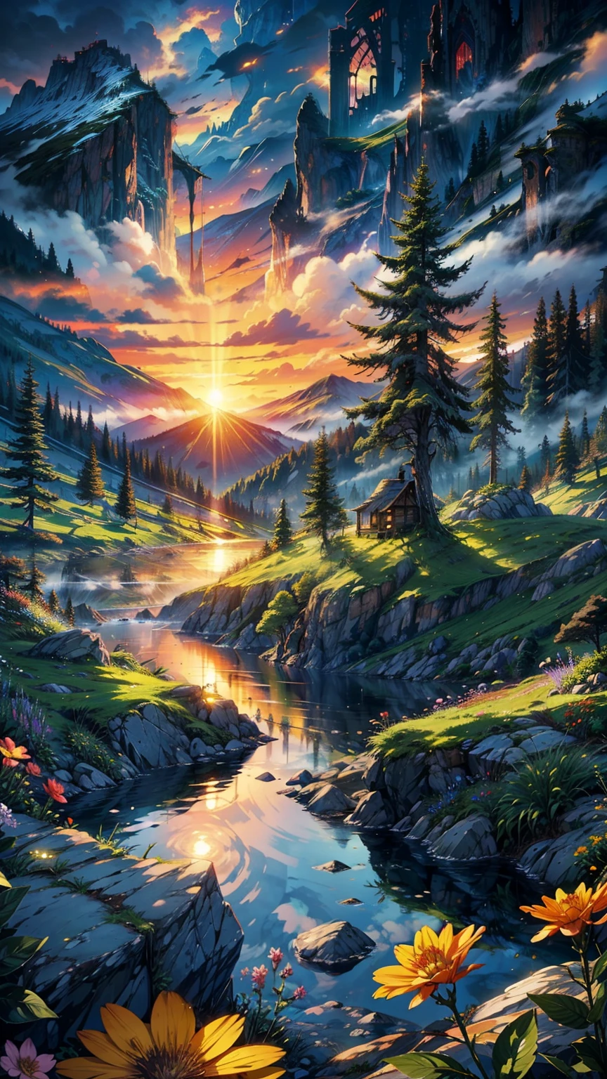 a warm scenary, gorgeous, dark, life, nature, flowers, water, gorgeous tree,mountain, valleis, fog, spectral,magic, happy,relaxing, lofi, sunset, cozy, superior, artistic, clouds, dynamic, rich composition, intricate, detailed, ,landscape, digital art, love,  colorful, heaven clouds,beautiful sky,, accommodate, 8k