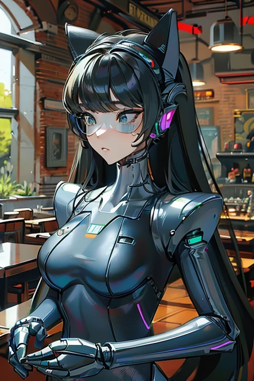 (masterpiece),(Highest quality),(Super detailed),(Best illustrations),(Best Shadow),(Absurd),(Detailed Background),(so beautiful), 16K, 8K, 4K,(Best Shadow),empty eyes,robotization,woman ,big bust,Robot Joint ,Metal skin,Black Suit,long hair,a black suit that covers the whole body,robot hand,cyber bodysuit,metal cat ear,robot miku