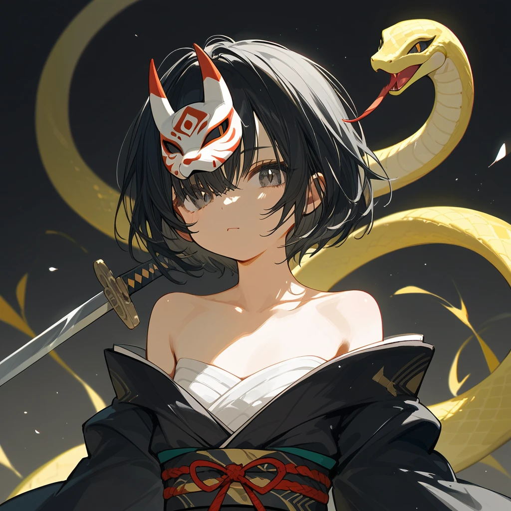 1 girl, Black Hair, Off-the-shoulder kimono, beautiful_face, Black snake motif, Kimono with snake scale pattern, Solo Illustration, short hair, Black kimono, Holding a sword, Upper Body, (Put on a demon mask), faceを覆う, Flat Chest