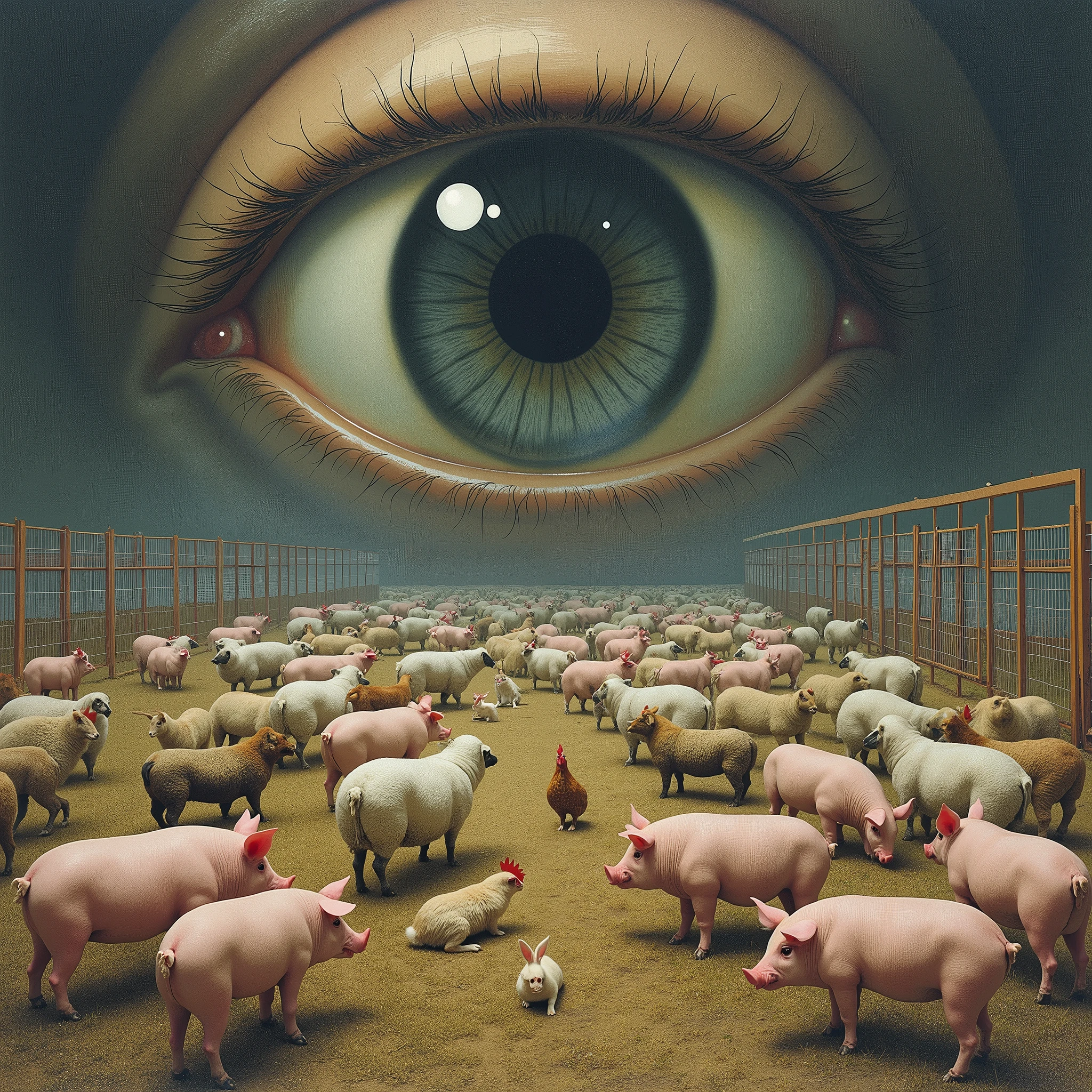 A dark and allegorical scene inspired by George Orwell's "Animal Farm." In the foreground, a group of farm animals—pigs, horses, sheep, and chickens—stand together in a dilapidated barnyard, their expressions a mix of fear, confusion, and defiance. At the center of the group, a pig dressed in human clothing, complete with a suit and hat, stands on two legs, holding a whip and looking down at the other animals with a sinister, authoritative gaze. The once idyllic farm is now bleak and oppressive, with broken fences, wilted crops, and a gloomy sky overhead. The windmill in the background is half-constructed, symbolizing false promises and the decay of the farm's original ideals. The entire scene is shrouded in an atmosphere of tyranny and betrayal, capturing the essence of power, corruption, and the loss of freedom.. [(Suspended in the air between scene and the viewer, a translucent, almost ghostly black message reads exactly: "ANIMAL FARM". The text appears as if it's floating, blurred at the edges, with the letters formed from a faint mist or white smoke that lingers in the space. The smoky words are readable, though not overly bright, hovering just in front of his gaze, creating a surreal yet powerful effect. Text exactly says: "ANIMAL FARM". They seem to be written in chalk. The text says: "ANIMAL FARM". semi-transparent text that reads 'ANIMAL FARM' in a dramatic, bold font. The text almost acts as a title, floating in the air, partially obscuring the scene but enhancing the overall tension and urgency of the moment)].