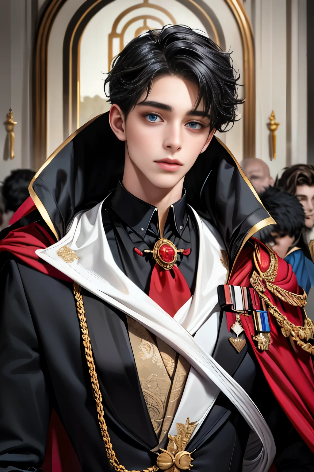 masterpiece, 最high quality, high quality, 1 boy, alone, Male focus, Upper Body,Watching the audience, Messy black hair, Adorable big blue eyes, White, Noble, Noble,A black and red cape that is bursting with sexy volume、Tuxedo、A very voluminous, large, very large, very large, long, long red and black cape with a high stand-up collar, made of a lot of fabric that reaches down to the floor., ,cute beautiful,Cute, cute, kind, handsome guy