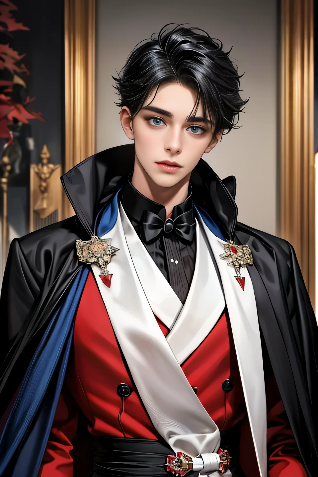 masterpiece, 最high quality, high quality, 1 boy, alone, Male focus, Upper Body,Watching the audience, Messy black hair, Adorable big blue eyes, White, Noble, Noble,A black and red cape that is bursting with sexy volume、Tuxedo、A very voluminous, large, very large, very large, long, long red and black cape with a high stand-up collar, made of a lot of fabric that reaches down to the floor., ,cute beautiful,Cute, cute, kind, handsome guy