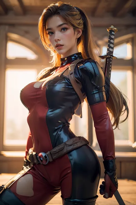 (((3d,cgi))) “cartoon art-style” realistic portrait of a sexy and busty female superhero character in the style of deadpool, i h...