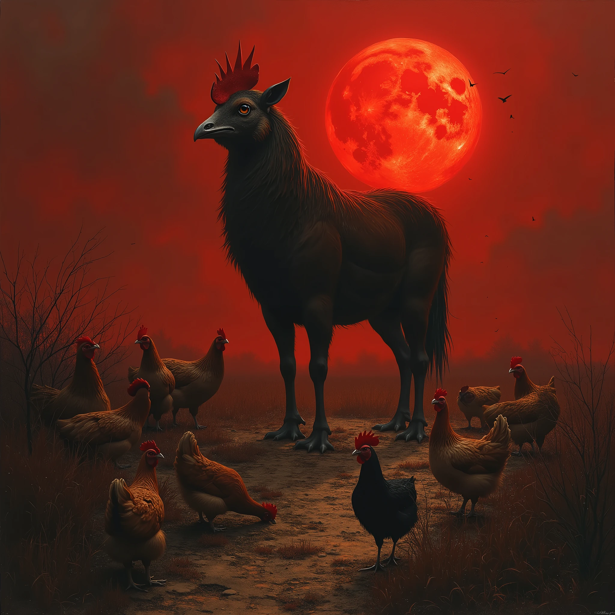 A dark and allegorical scene inspired by George Orwell's "Animal Farm." In the foreground, a group of farm animals—pigs, horses, sheep, and chickens—stand together in a dilapidated barnyard, their expressions a mix of fear, confusion, and defiance. At the center of the group, a pig dressed in human clothing, complete with a suit and hat, stands on two legs, holding a whip and looking down at the other animals with a sinister, authoritative gaze. The once idyllic farm is now bleak and oppressive, with broken fences, wilted crops, and a gloomy sky overhead. The windmill in the background is half-constructed, symbolizing false promises and the decay of the farm's original ideals. The entire scene is shrouded in an atmosphere of tyranny and betrayal, capturing the essence of power, corruption, and the loss of freedom.. [(Suspended in the air between scene and the viewer, a translucent, almost ghostly black message reads exactly: "ANIMAL FARM". The text appears as if it's floating, blurred at the edges, with the letters formed from a faint mist or white smoke that lingers in the space. The smoky words are readable, though not overly bright, hovering just in front of his gaze, creating a surreal yet powerful effect. Text exactly says: "ANIMAL FARM". They seem to be written in chalk. The text says: "ANIMAL FARM". semi-transparent text that reads 'ANIMAL FARM' in a dramatic, bold font. The text almost acts as a title, floating in the air, partially obscuring the scene but enhancing the overall tension and urgency of the moment)].