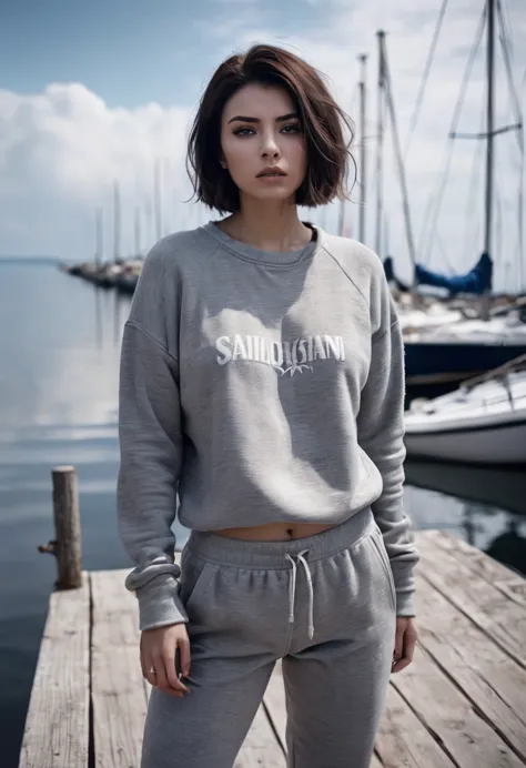 a expressive woman,blunt bob,brunette,athleisure comfy sweatpants in a soft grey fleece material.,claw pose,,calm sky with sailb...