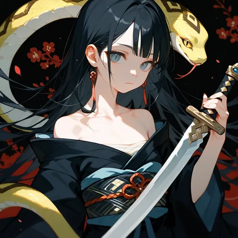 1 girl, black hair, iris, off-the-shoulder kimono, beautiful_face, black snake motif, kimono with snake scale pattern, solo illu...