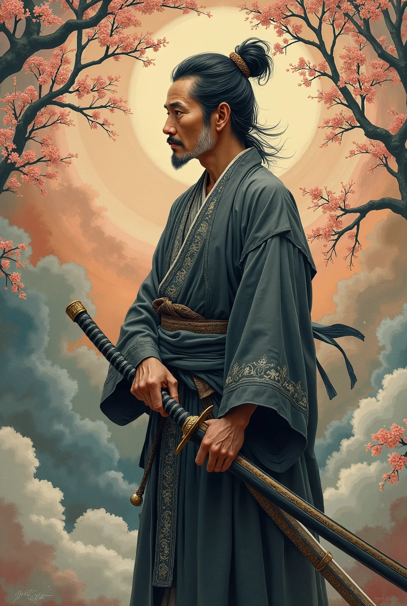 (Ultra-detailed face, looking away, Fantasy Illustration with Gothic, Ukiyo-e, Comic Art, Rich colors), BREAK (A Japanese court samurai of the Heian period, a small middle-aged male warrior with sharp eyes, short black disheveled hair, a sword-protective headband, wearing a dark gray linen Japanese kimono with silver thread embroidery, a narrow obi wrapped around his waist, and a Japanese sword sheath tied around his waist. He holds the hilt of a large inlaid Japanese sword with both hands and holds the sword horizontally. He wears a leg band and sandals (zori) woven from straw.)