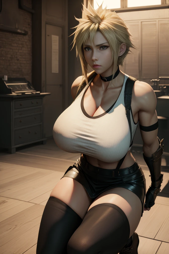 ff7,Cloud,女体化したCloud,Short Hair,Blonde,Golden Hair,,Watching the photographer,Accurate 5 fingers,Feminization, Highest quality, masterpiece, Absurd,4K, Huge Tits!, Big Breasts!,have very large breasts, real,high resolution,Realistic skin,Huge valley!,It emphasizes the cleavage,looking at the camera,Subjective angle,Subjective images,Muscular,Six Pack,Abdominal muscles,1 person,Angle from the front,Facing directly ahead,Watching the photographer,Wearing a white tank top over a black undershirt,Black Skirt,Black Leather Gloves,Black suspenders,Black tights,Red Boots,Expressionless,,Looking at the photographer,Inside the laboratory,Being in the lab,Pale lighting,Machine made choker,A choker made of metal,Crouching position with legs spread apart,Hollow Eyes,empty eye,Putting hands behind the head,