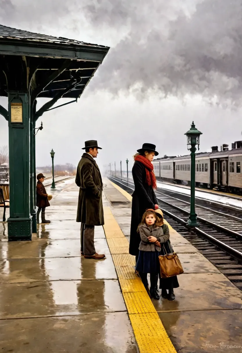 (American impressionist paintings, Frank Weston Benson style, poor family, waiting for train, train station, cloudy skies, cold landscape, winter approaching, masterpiece, photorealistic, highly detailed, cinematic lighting, muted colors, atmospheric, emotional, moody)