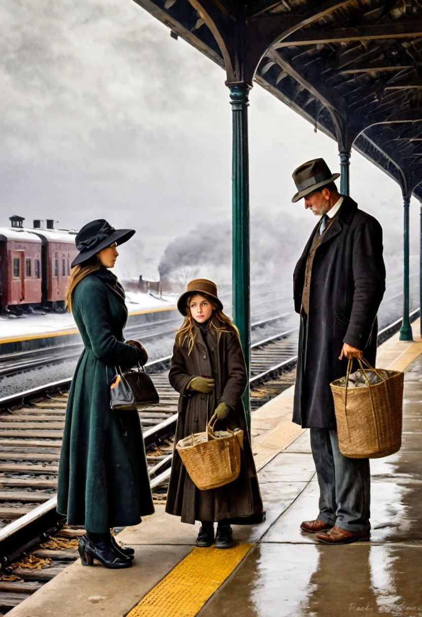 (American impressionist paintings, Frank Weston Benson style, poor family, waiting for train, train station, cloudy skies, cold landscape, winter approaching, masterpiece, photorealistic, highly detailed, cinematic lighting, muted colors, atmospheric, emotional, moody)