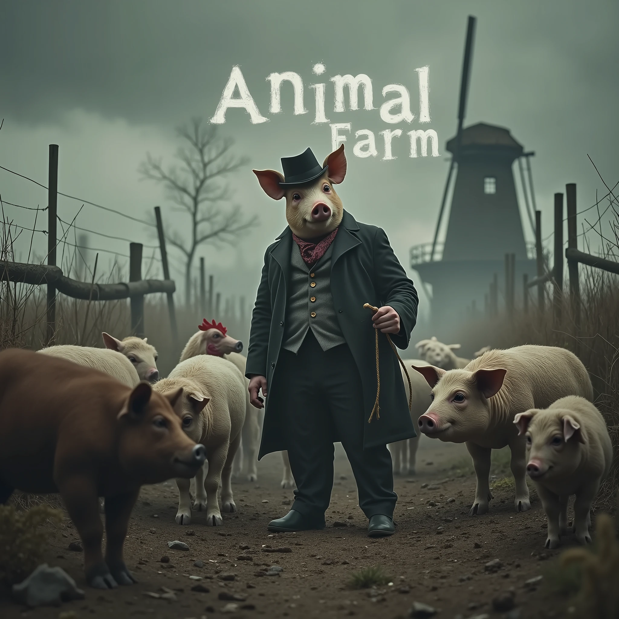 A dark and allegorical scene inspired by George Orwell's "Animal Farm." In the foreground, a group of farm animals—pigs, horses, sheep, and chickens—stand together in a dilapidated barnyard, their expressions a mix of fear, confusion, and defiance. At the center of the group, a pig dressed in human clothing, complete with a suit and hat, stands on two legs, holding a whip and looking down at the other animals with a sinister, authoritative gaze. The once idyllic farm is now bleak and oppressive, with broken fences, wilted crops, and a gloomy sky overhead. The windmill in the background is half-constructed, symbolizing false promises and the decay of the farm's original ideals. The entire scene is shrouded in an atmosphere of tyranny and betrayal, capturing the essence of power, corruption, and the loss of freedom.. [(Suspended in the air between scene and the viewer, a translucent, almost ghostly black message reads exactly: "ANIMAL FARM". The text appears as if it's floating, blurred at the edges, with the letters formed from a faint mist or white smoke that lingers in the space. The smoky words are readable, though not overly bright, hovering just in front of his gaze, creating a surreal yet powerful effect. Text exactly says: "ANIMAL FARM". They seem to be written in chalk. The text says: "ANIMAL FARM". semi-transparent text that reads 'ANIMAL FARM' in a dramatic, bold font. The text almost acts as a title, floating in the air, partially obscuring the scene but enhancing the overall tension and urgency of the moment)].