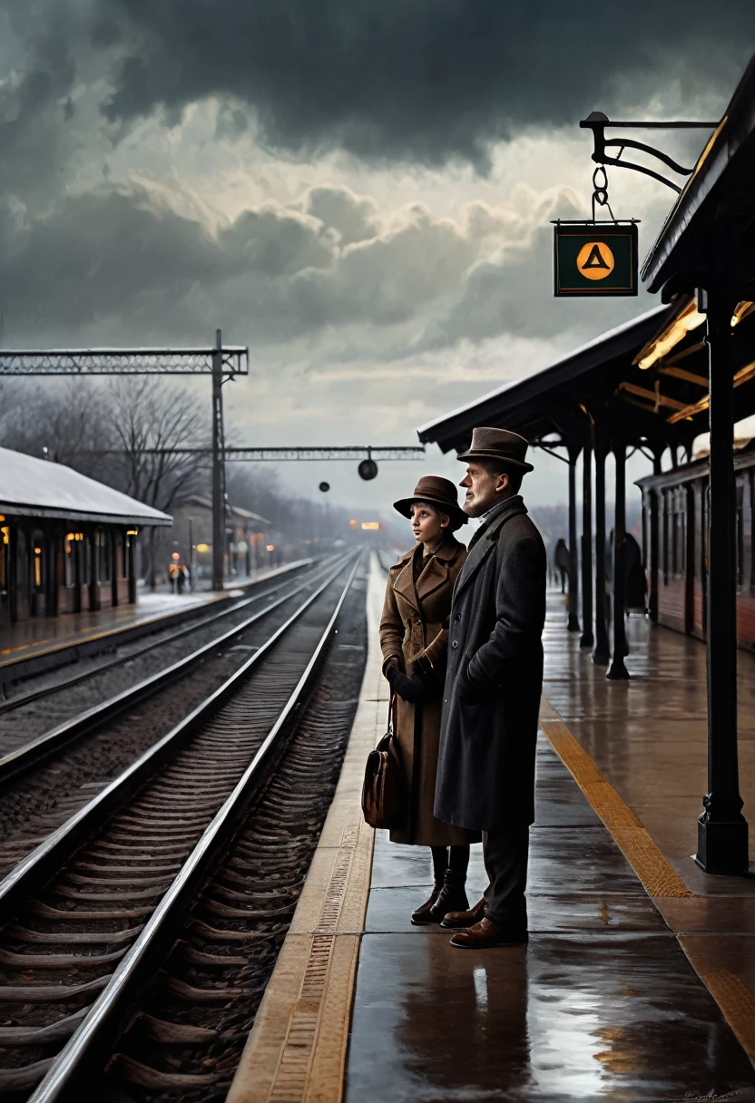 (American impressionist paintings, Frank Weston Benson style, poor family, waiting for train, train station, cloudy skies, cold landscape, winter approaching, masterpiece, photorealistic, highly detailed, cinematic lighting, muted colors, atmospheric, emotional, moody)