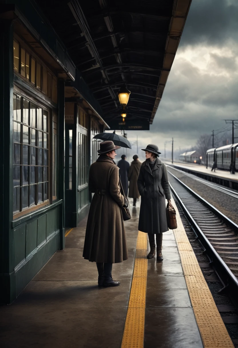 (American impressionist paintings, Frank Weston Benson style, poor family, waiting for train, train station, cloudy skies, cold landscape, winter approaching, masterpiece, photorealistic, highly detailed, cinematic lighting, muted colors, atmospheric, emotional, moody)