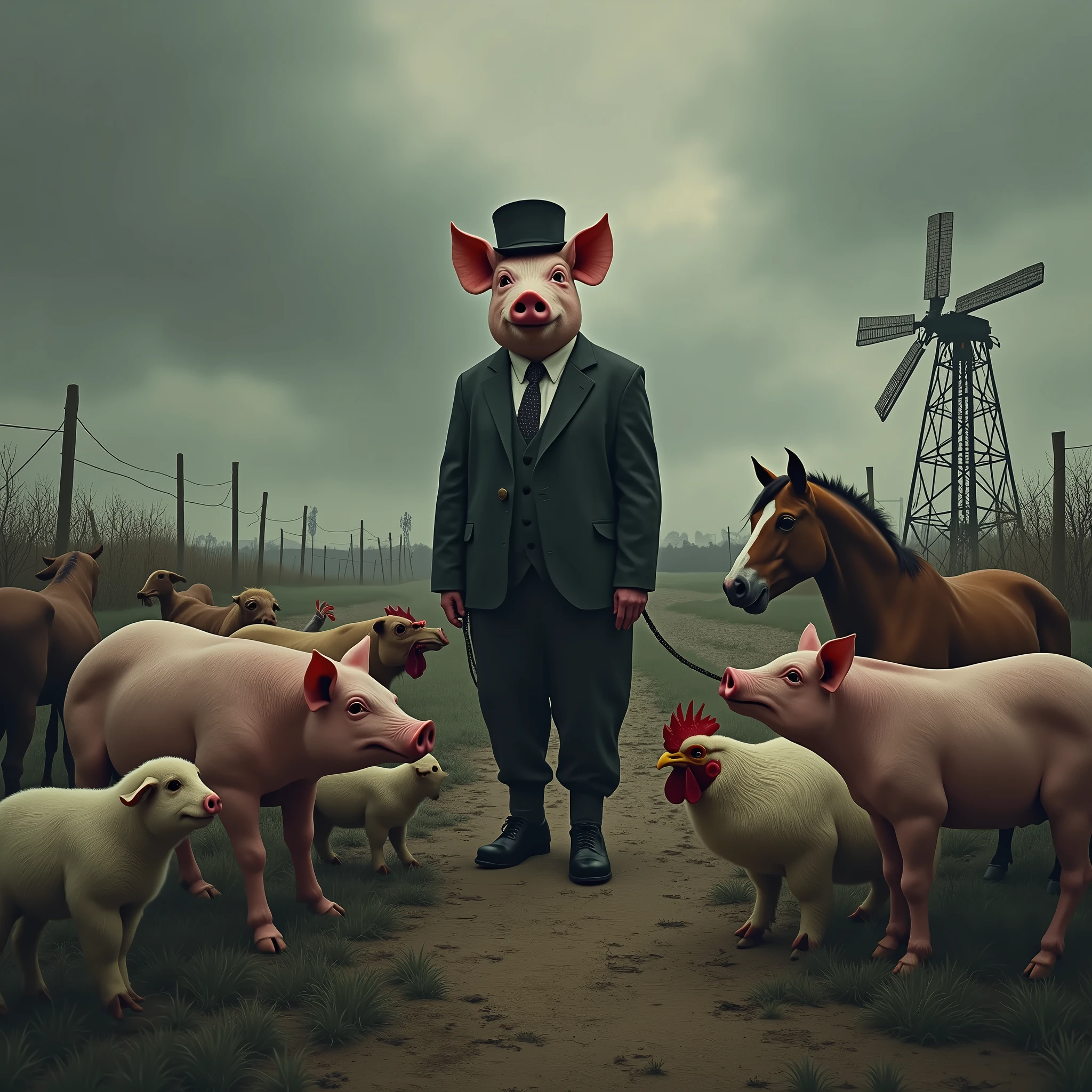 A dark and allegorical scene inspired by George Orwell's "Animal Farm." In the foreground, a group of farm animals—pigs, horses, sheep, and chickens—stand together in a dilapidated barnyard, their expressions a mix of fear, confusion, and defiance. At the center of the group, a pig dressed in human clothing, complete with a suit and hat, stands on two legs, holding a whip and looking down at the other animals with a sinister, authoritative gaze. The once idyllic farm is now bleak and oppressive, with broken fences, wilted crops, and a gloomy sky overhead. The windmill in the background is half-constructed, symbolizing false promises and the decay of the farm's original ideals. The entire scene is shrouded in an atmosphere of tyranny and betrayal, capturing the essence of power, corruption, and the loss of freedom.. [(Suspended in the air between scene and the viewer, a translucent, almost ghostly black message reads exactly: "ANIMAL FARM". The text appears as if it's floating, blurred at the edges, with the letters formed from a faint mist or white smoke that lingers in the space. The smoky words are readable, though not overly bright, hovering just in front of his gaze, creating a surreal yet powerful effect. Text exactly says: "ANIMAL FARM". They seem to be written in chalk. The text says: "ANIMAL FARM". semi-transparent text that reads 'ANIMAL FARM' in a dramatic, bold font. The text almost acts as a title, floating in the air, partially obscuring the scene but enhancing the overall tension and urgency of the moment)].