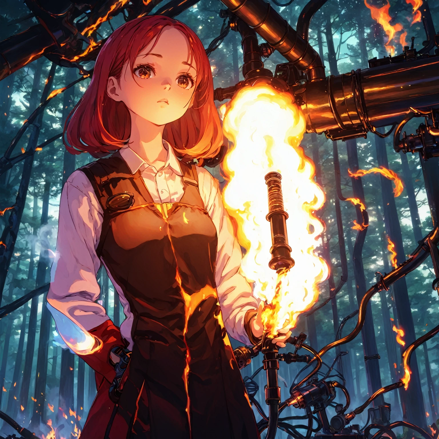 nebulaewisdomanimestyle, A girl prays next to a machine with flames spewing from a pipe in the back. , 2d, anime, forest, looking at viewer,face  jennie for blackpink