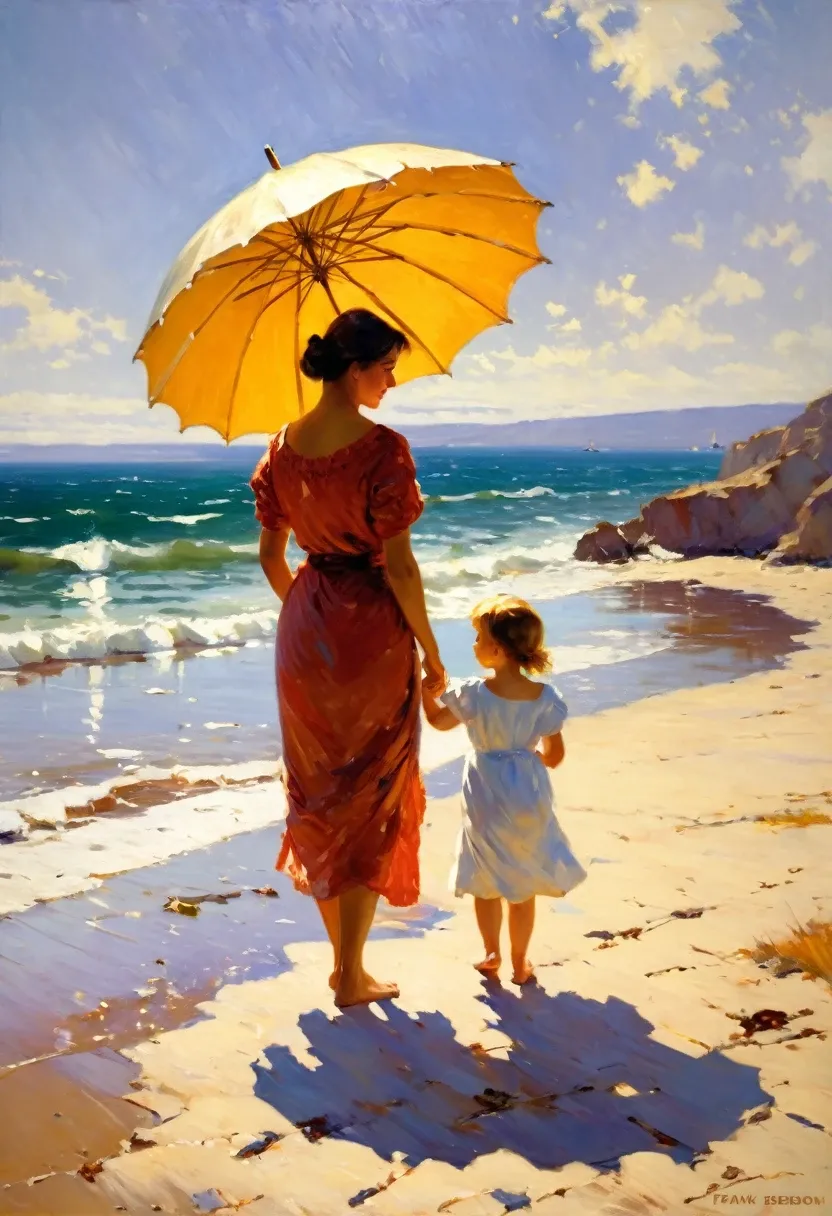 American impressionist painting style, Frank Weston Benson style, Indian summer sea, mother and child standing on the beach, mother holding a parasol, bright sunlight, warm impression, oil painting.