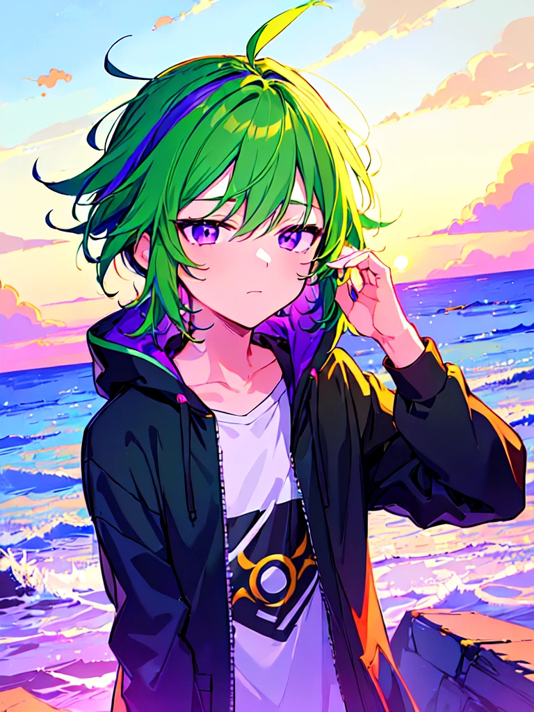 [(SUMMER BACKGROUND:1.5),::5], ((((masterpiece)))), high quality, ultra very high resolution, full color, (((solo))), ((little boy)), ((men's Green hair)), (Purple streaked hair), (Purple eyes), anime, ((upper body)), neon light, black parka, SEA, SUNSET