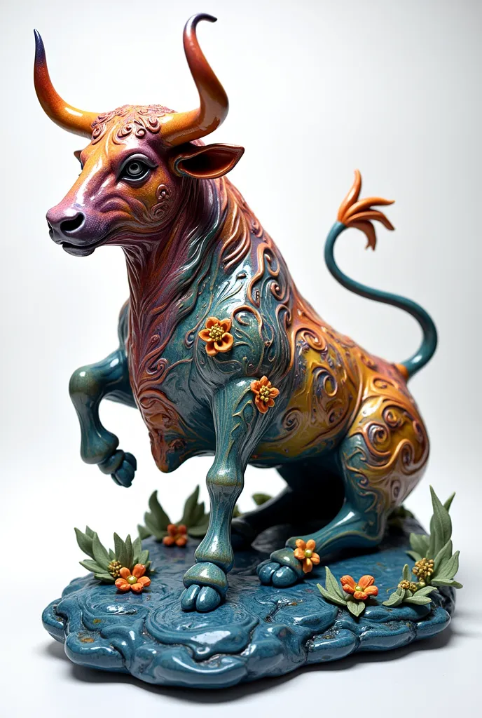 a bull formed of colored glaze,coloured glaze,(fractal art:1.3),fluid,flora,pearl,glowing colors,splashes,magic,Fresnel reflection,vivid colours,romanticism,white background,blurry,reflection,waves,swirl,Ceramic statue,made of ceramic material,